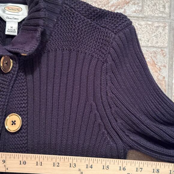 Talbots LADY Jacket Pima Cotton Cardigan Ribbed Knit Button Black SZ Medium - Picture 4 of 9